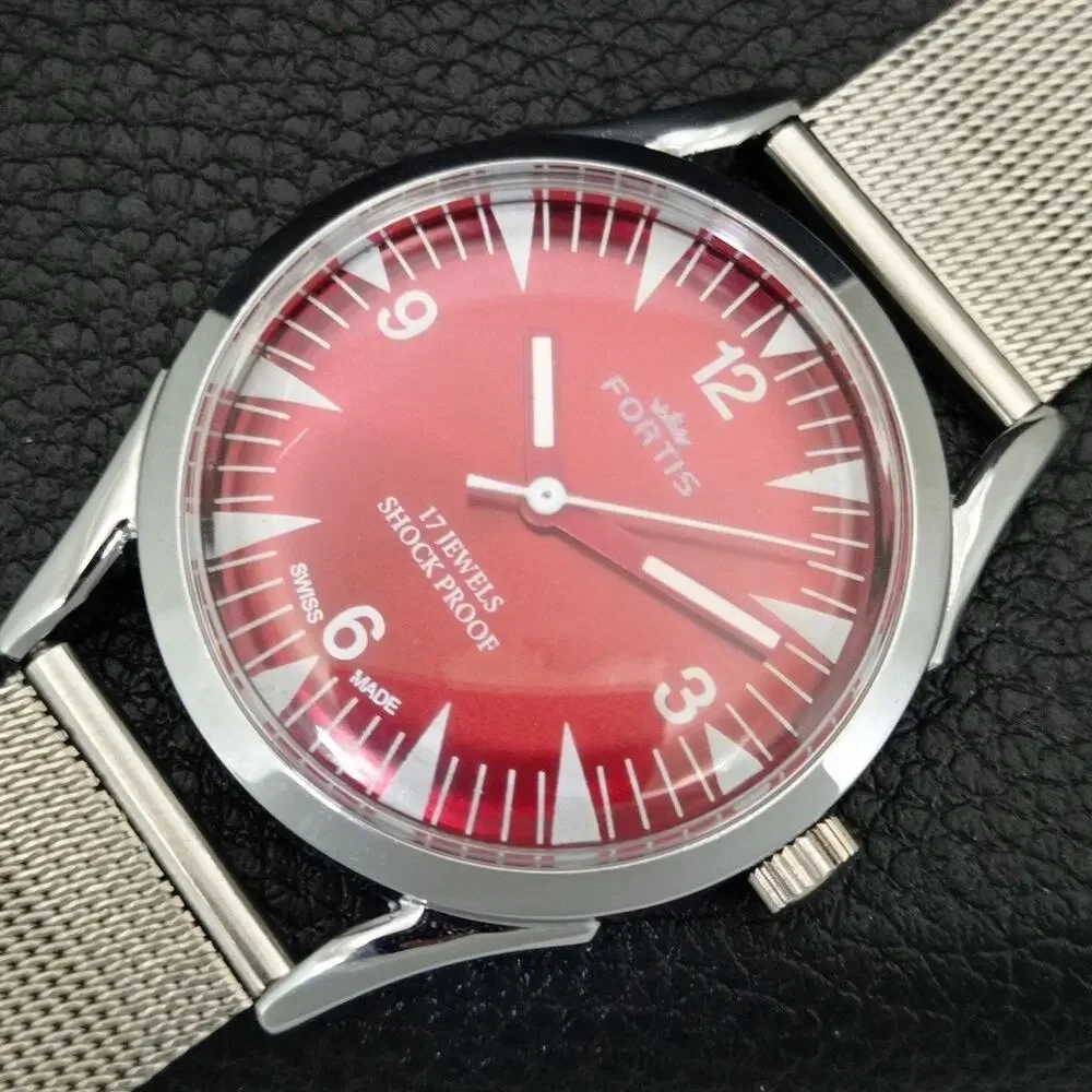 Vintage 1971 Fortis Manual Mens Silver Watch W/Steel Strap & Red accents